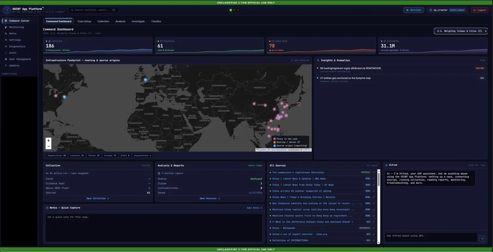 The OSINT App Platform command dashboard: live case overview with entity, source, and dataset counts, an infrastructure footprint map, collection and analysis status, a live source list, and an assistant panel.