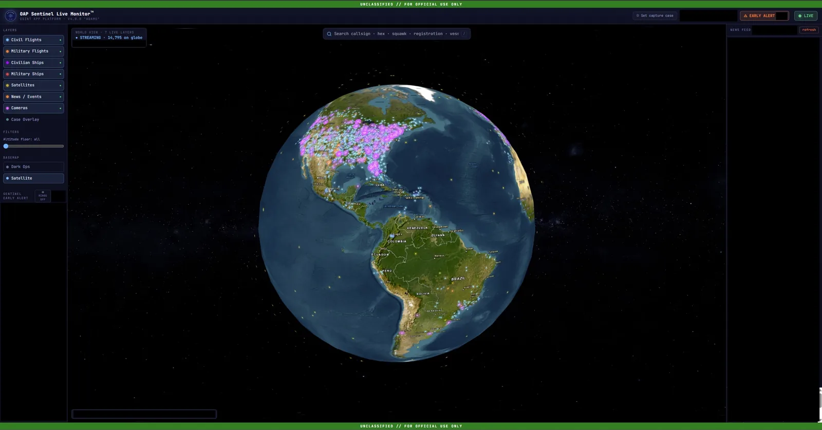 The OAP Sentinel live monitor: a 3D satellite globe streaming live air, maritime, satellite, and news activity, with layer toggles and an early-alert indicator.