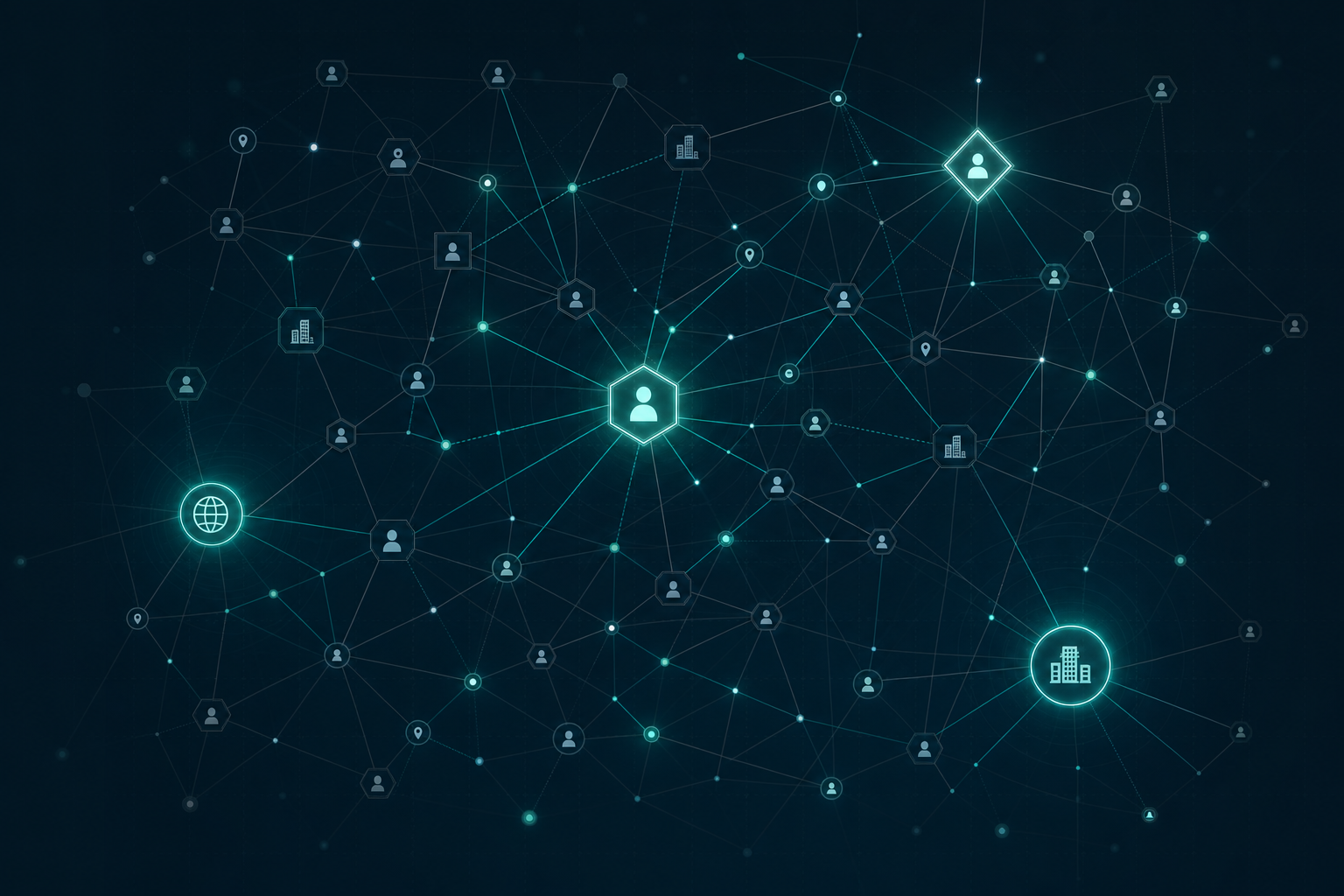 A correlation web of entities (people, organizations, and locations) connected by weighted relationships, with the highest-confidence nodes glowing brightest.
